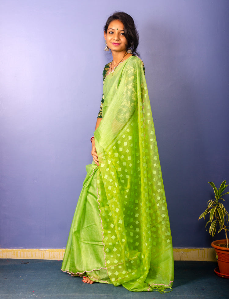 Handwoven Chartreuse Green Resham Sari With Scalloped Border