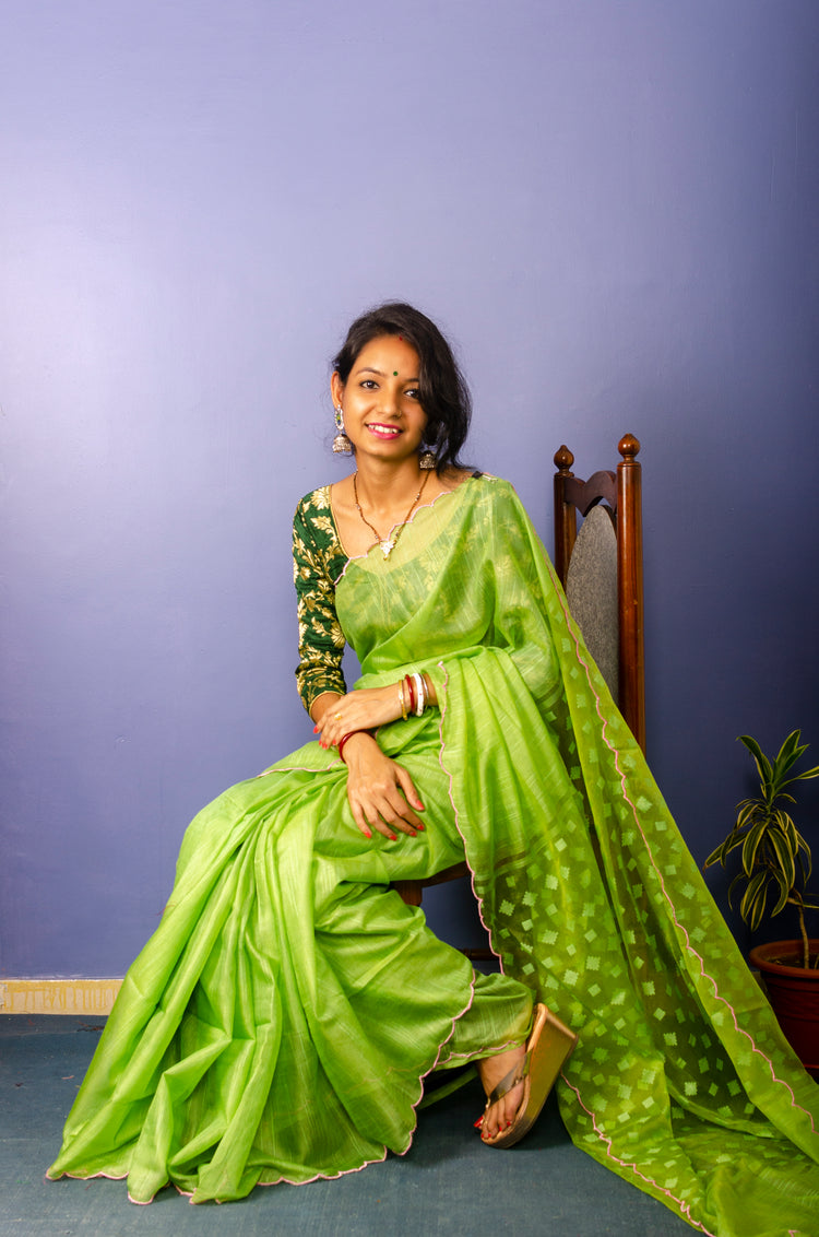 Handwoven Chartreuse Green Resham Sari With Scalloped Border