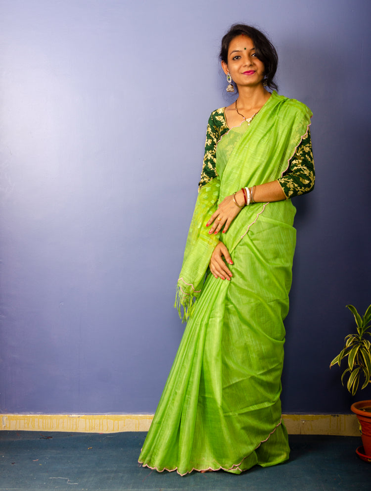 Handwoven Chartreuse Green Resham Sari With Scalloped Border