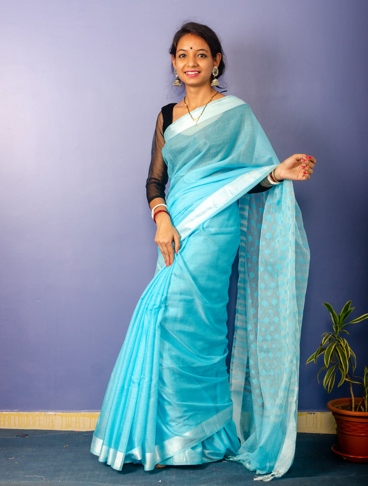Sky Blue Colour Plain Sari with Resham Pallu
