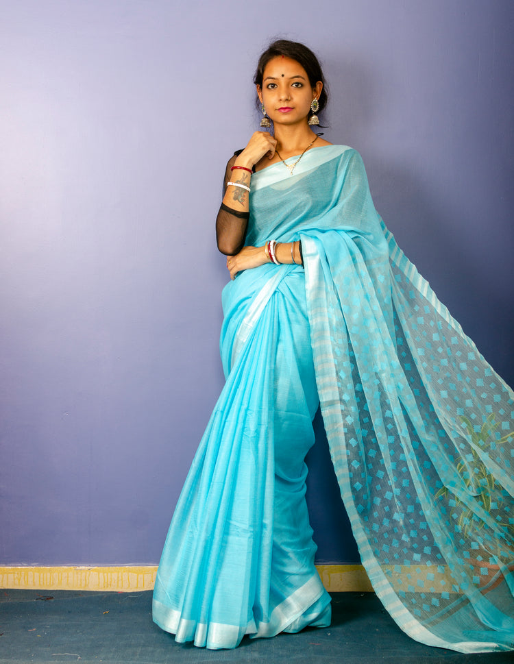 Sky Blue Colour Plain Sari with Resham Pallu