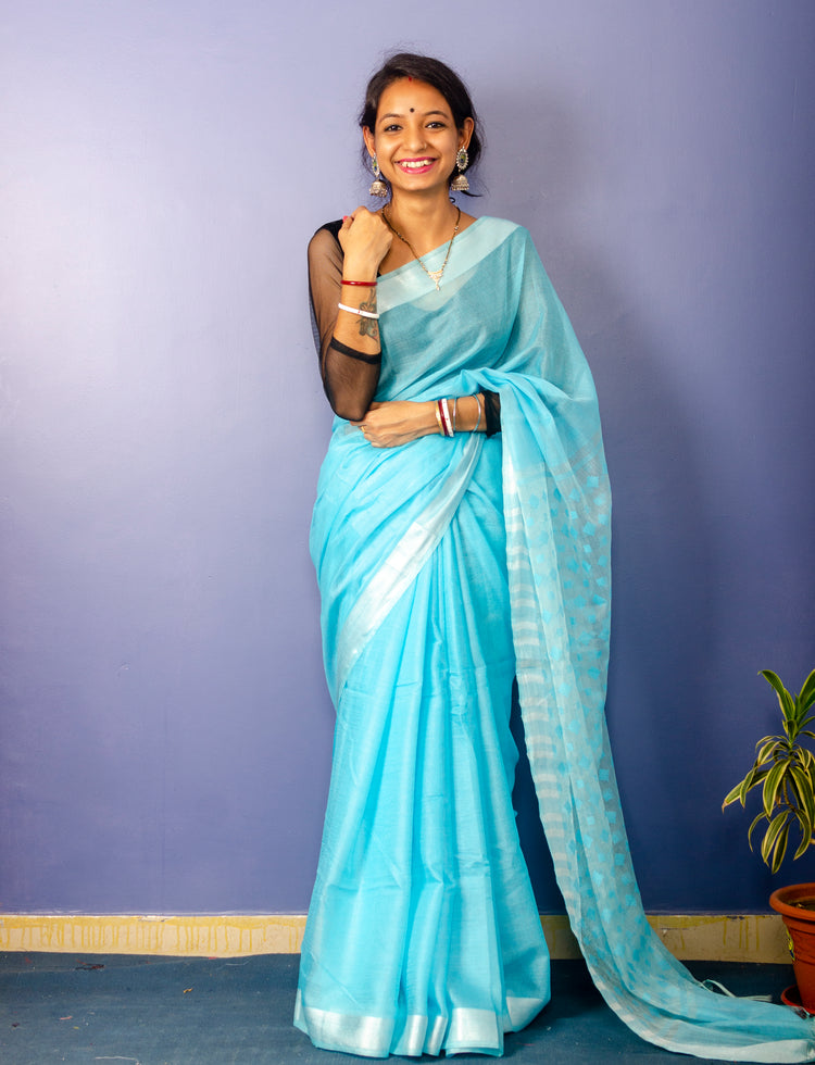 Sky Blue Colour Plain Sari with Resham Pallu