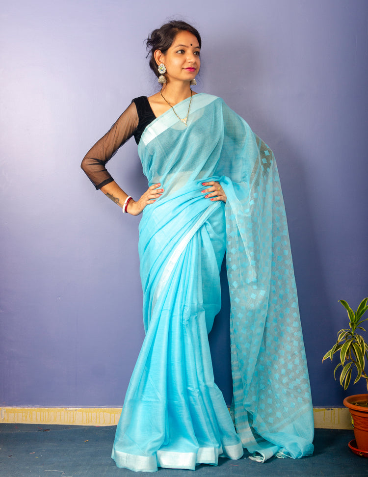 Sky Blue Colour Plain Sari with Resham Pallu