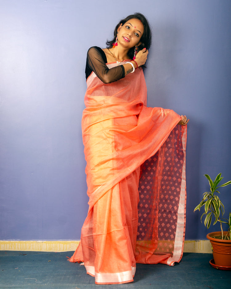 Pastle Orange Colour Plain Sari with Resham Pallu