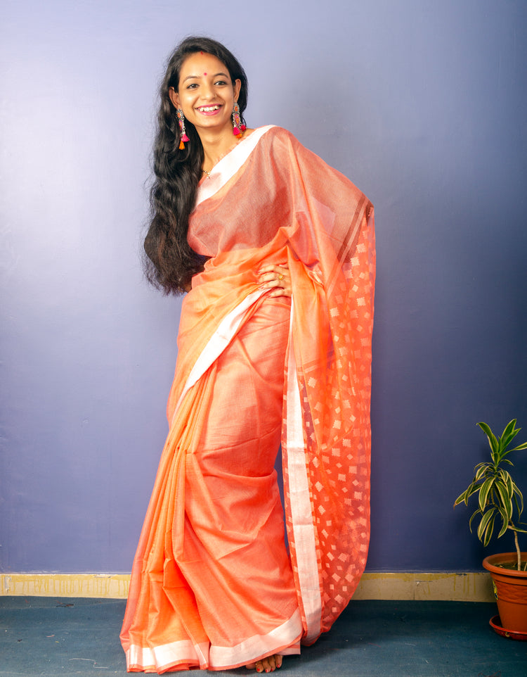 Pastle Orange Colour Plain Sari with Resham Pallu