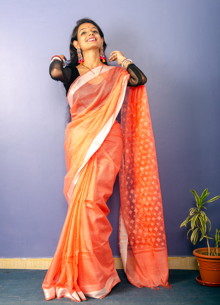 Pastle Orange Colour Plain Sari with Resham Pallu