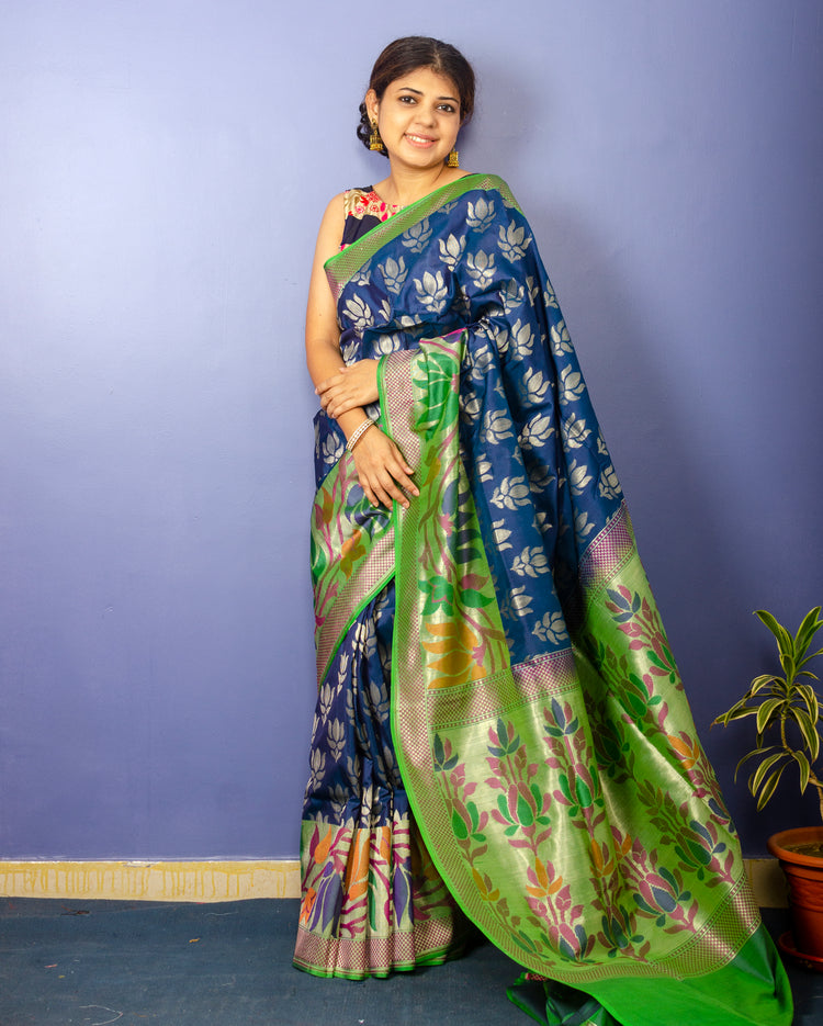 Pure Prussian Blue Banarasi Katan Silk Sari