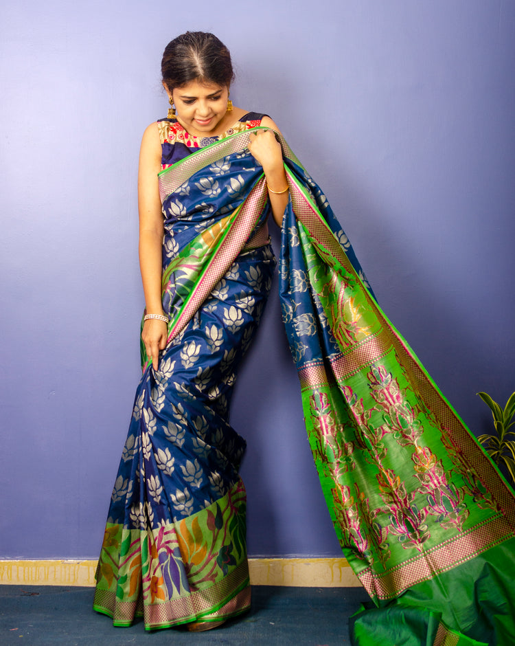 Pure Prussian Blue Banarasi Katan Silk Sari