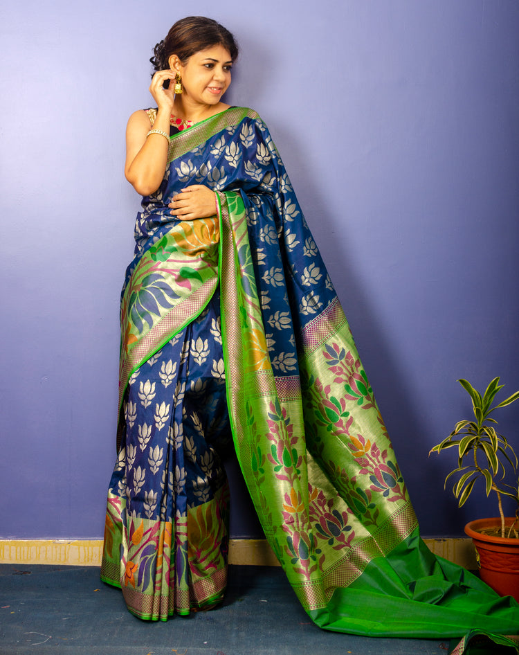 Pure Prussian Blue Banarasi Katan Silk Sari
