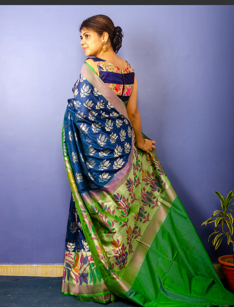 Pure Prussian Blue Banarasi Katan Silk Sari