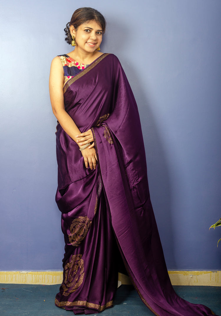 Dark Puple Shade Pure Satin Sari with Swarovski Work