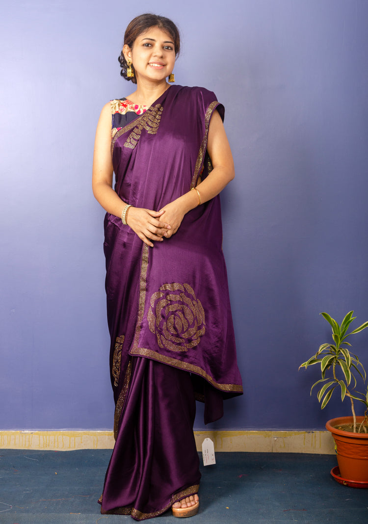 Dark Puple Shade Pure Satin Sari with Swarovski Work
