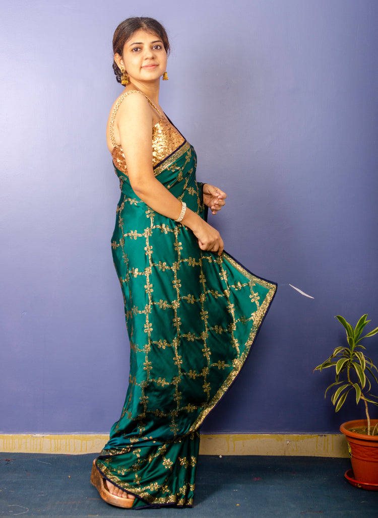 Ocean Green Shade Pure Satin Sari with Swarovski Work
