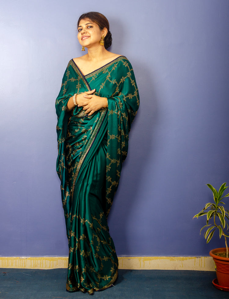 Ocean Green Shade Pure Satin Sari with Swarovski Work