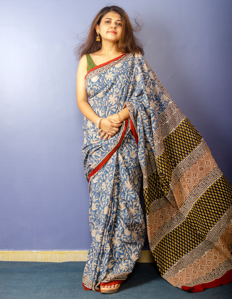 Blue White Printed Pure Cotton Saree