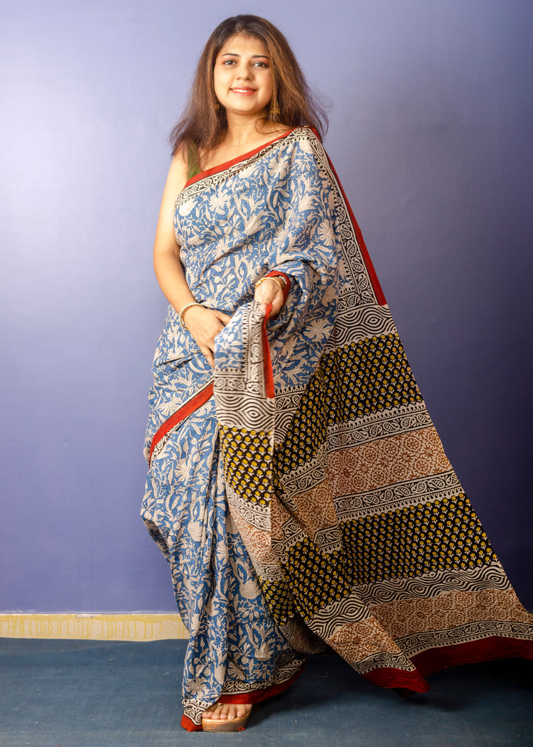 Blue White Printed Pure Cotton Saree