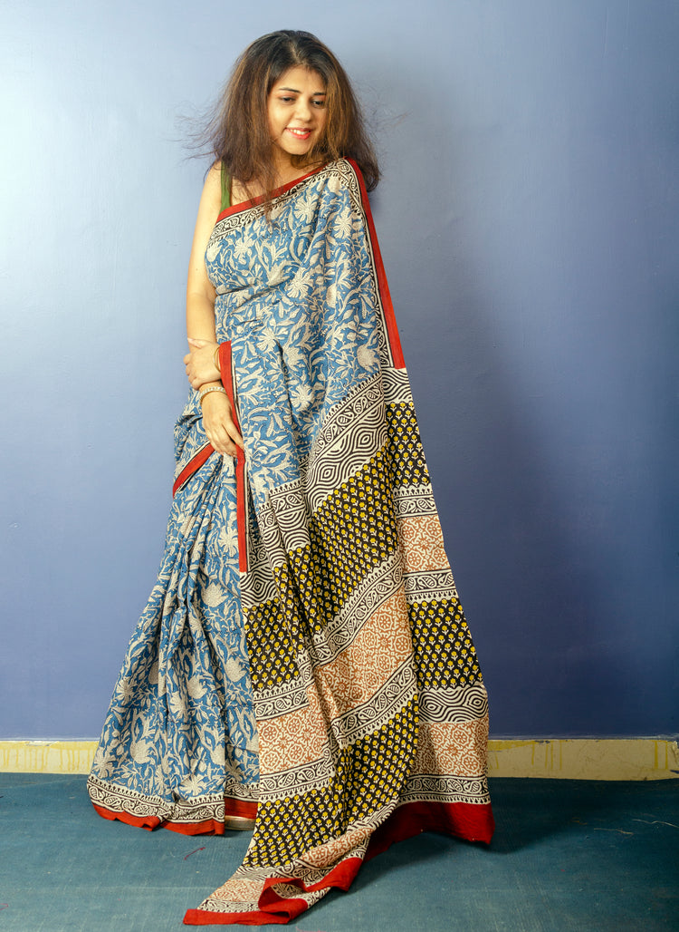 Blue White Printed Pure Cotton Saree