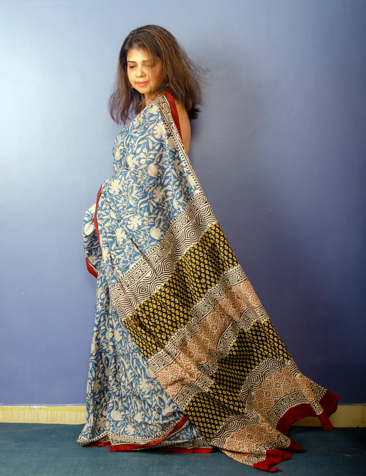 Blue White Printed Pure Cotton Saree
