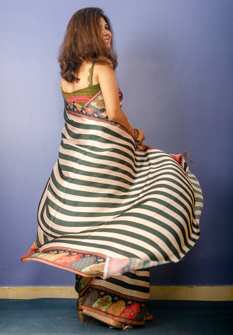 Beautiful Green Stripe Satin Sari With Multicolor Border