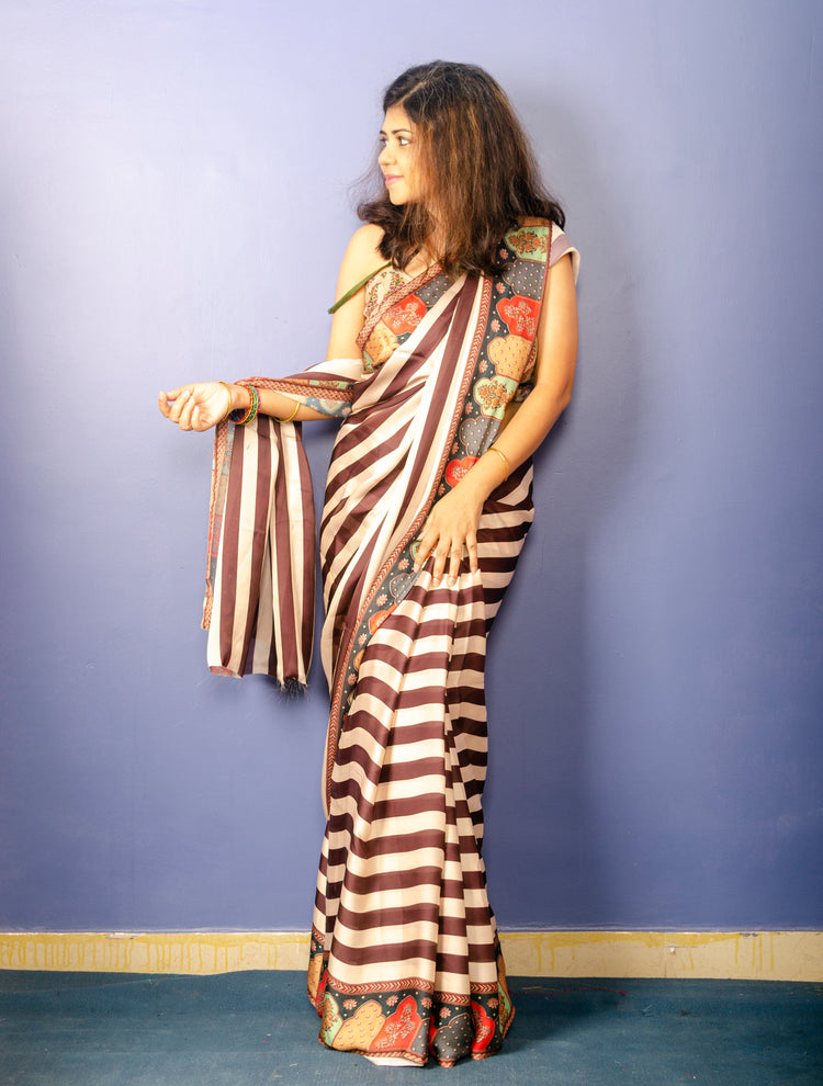 Beautiful Brown Stripe Satin Sari With Multicolor Border