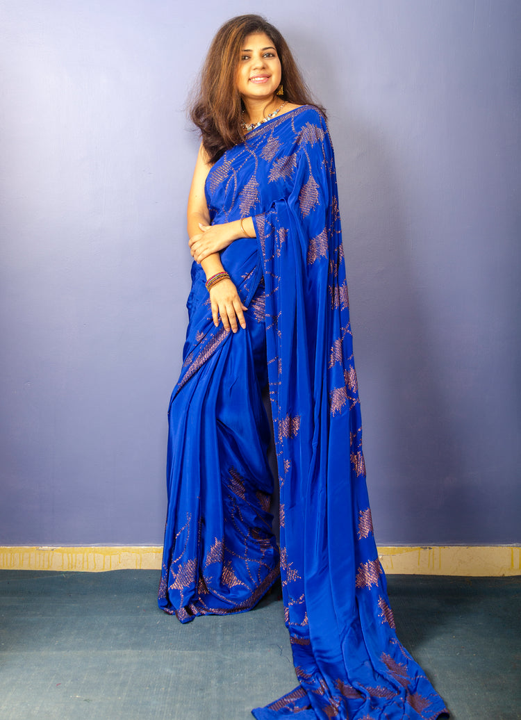 Royal Blue Pure Satin Sari with Swarovski Work