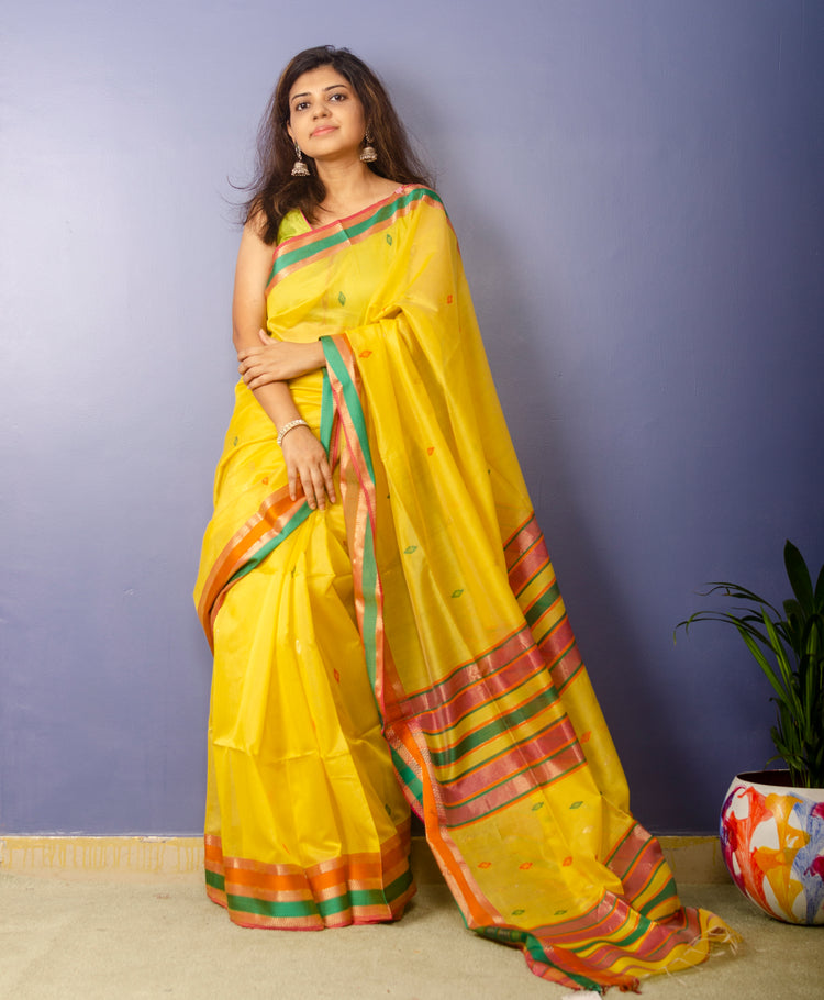 Lemon Yellow Handwoven Maheshwari Sari