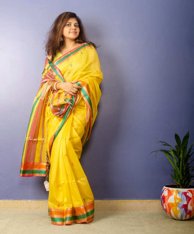 Lemon Yellow Handwoven Maheshwari Sari