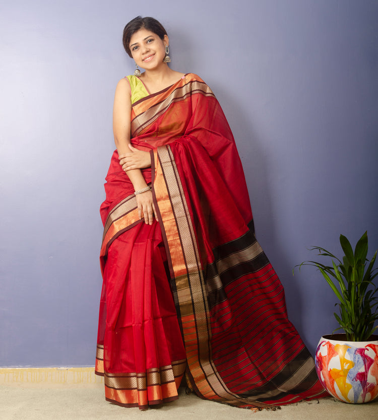 Burgundy - Handwoven Maheshwari Sari