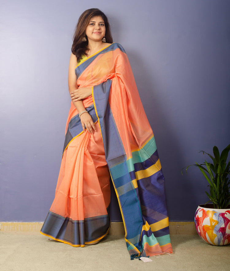 Pastella - Tangerine Orange Plain body Handwoven Maheshwari Sari