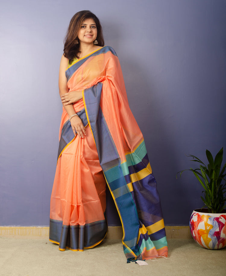 Pastella - Tangerine Orange Plain body Handwoven Maheshwari Sari