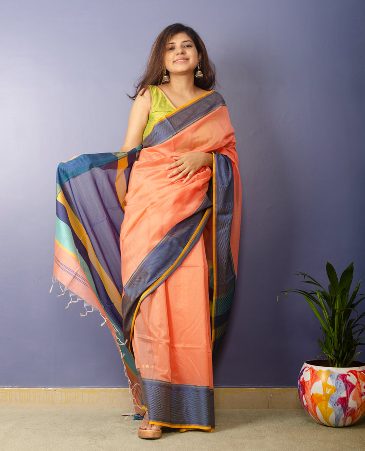 Pastella - Tangerine Orange Plain body Handwoven Maheshwari Sari