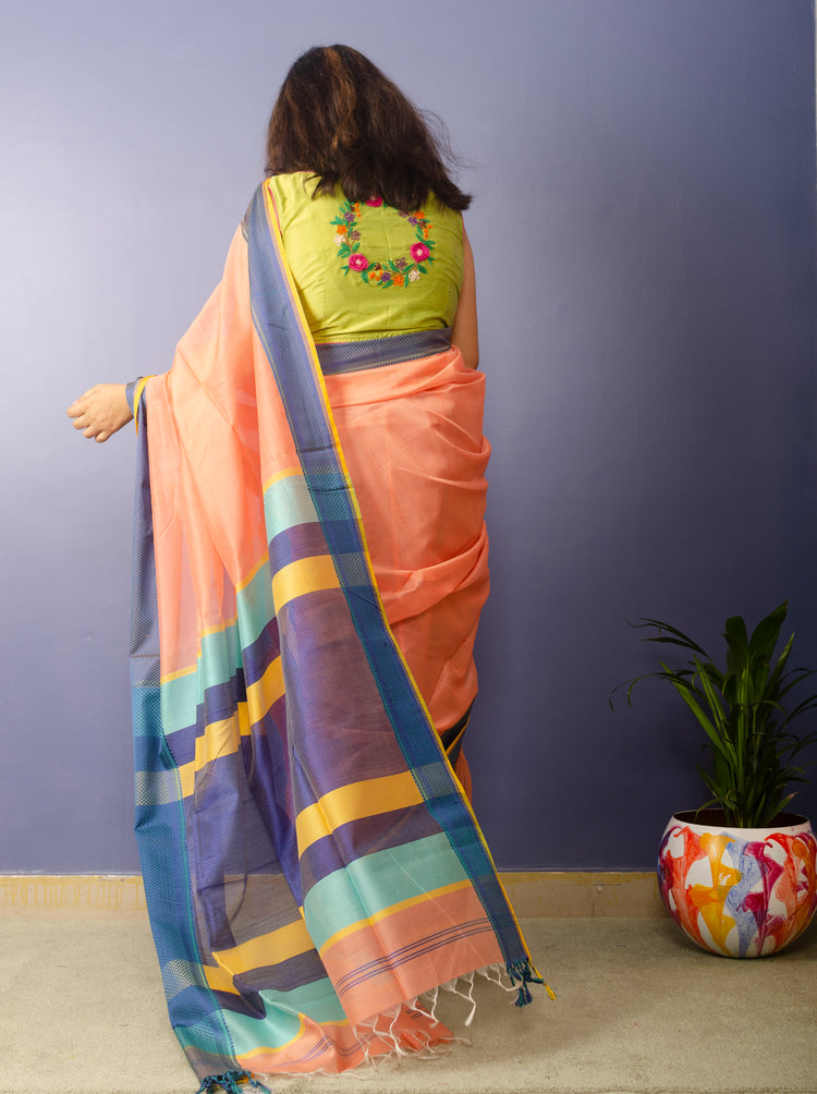 Pastella - Tangerine Orange Plain body Handwoven Maheshwari Sari