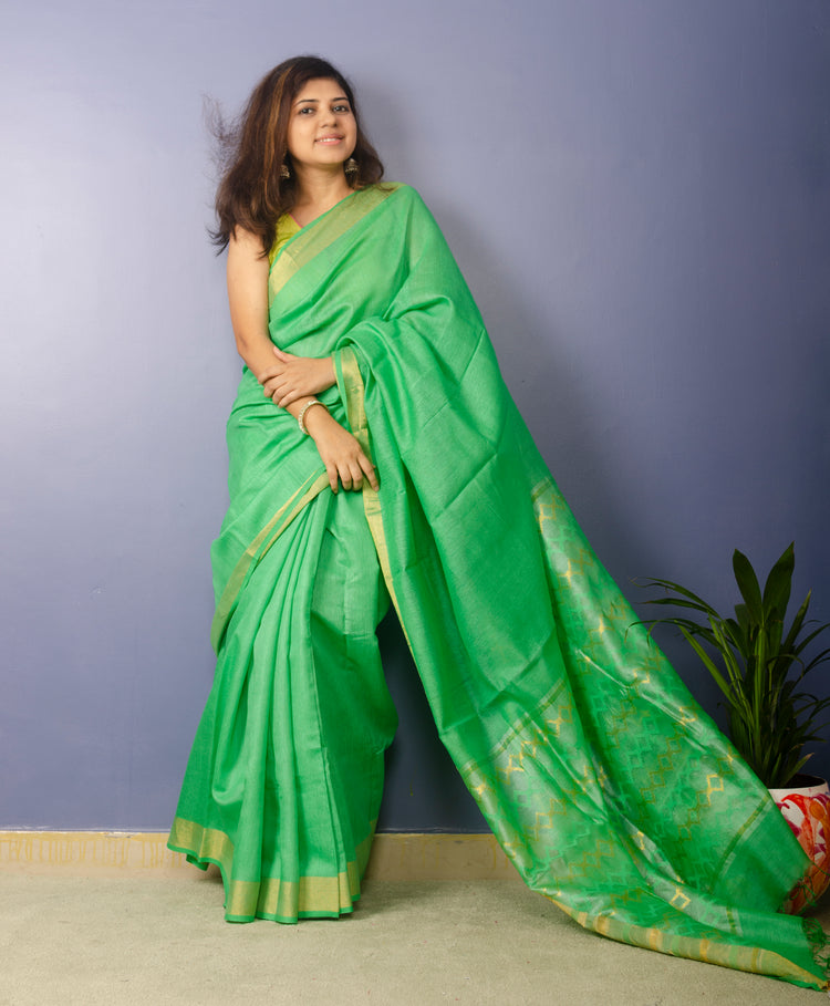 Panchi Sari - Green handwoven Noel Tussar silk  with golden border