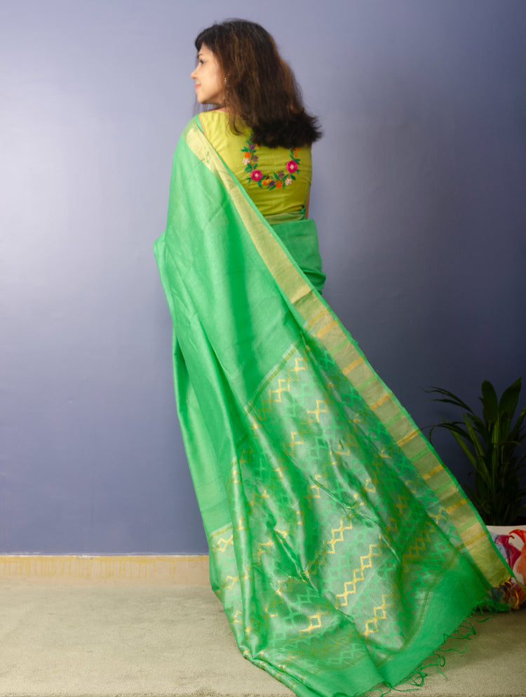 Panchi Sari - Green handwoven Noel Tussar silk  with golden border