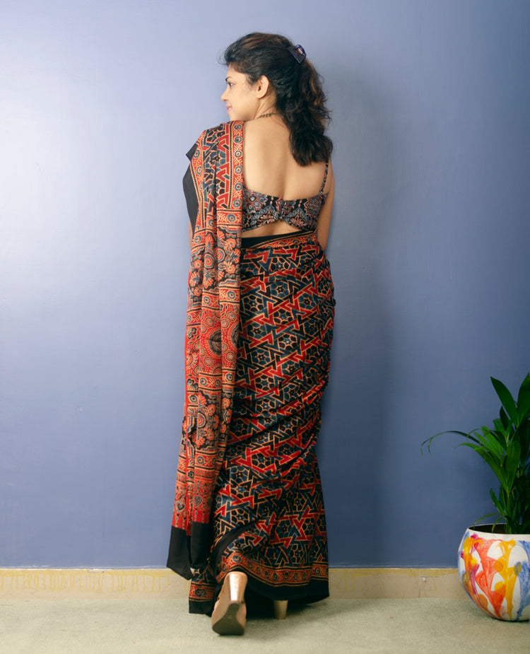 BEAUTIFUL AJRAK HANDBLOCK PRINTED MODAL SILK SARI