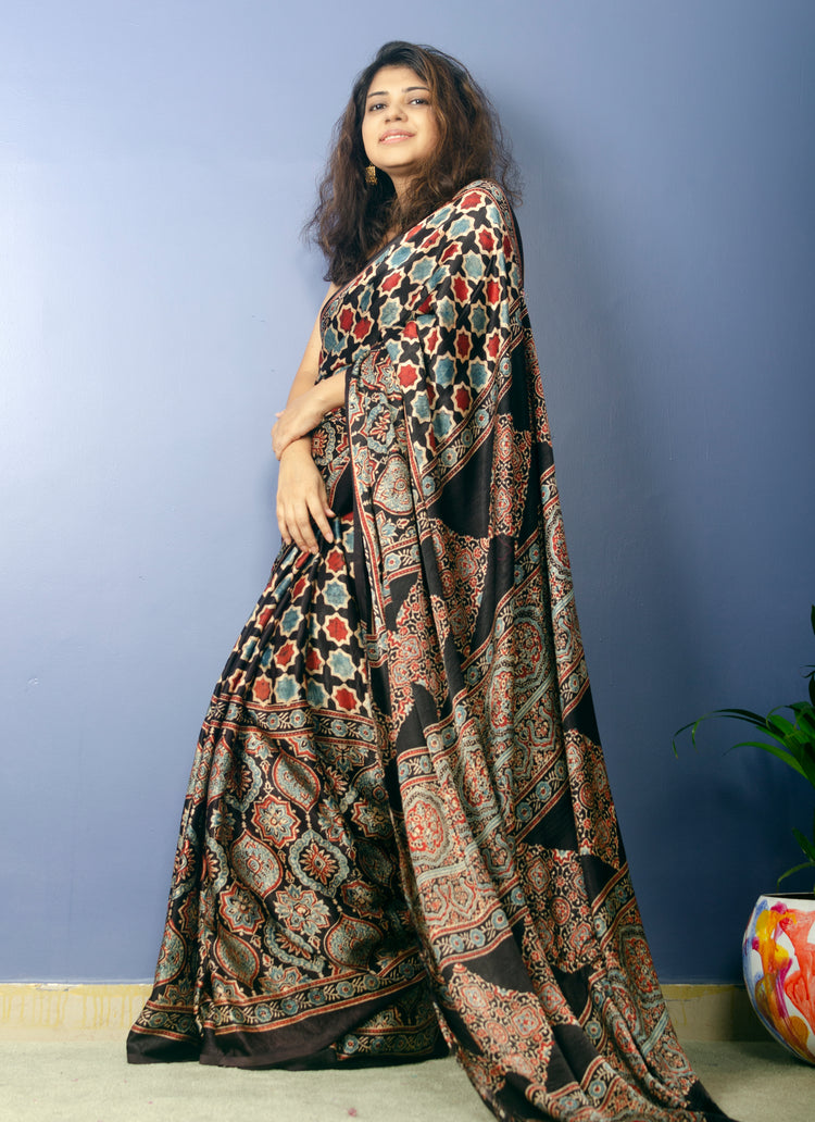 BEAUTIFUL AJRAK HANDBLOCK PRINTED MODAL SILK SARI