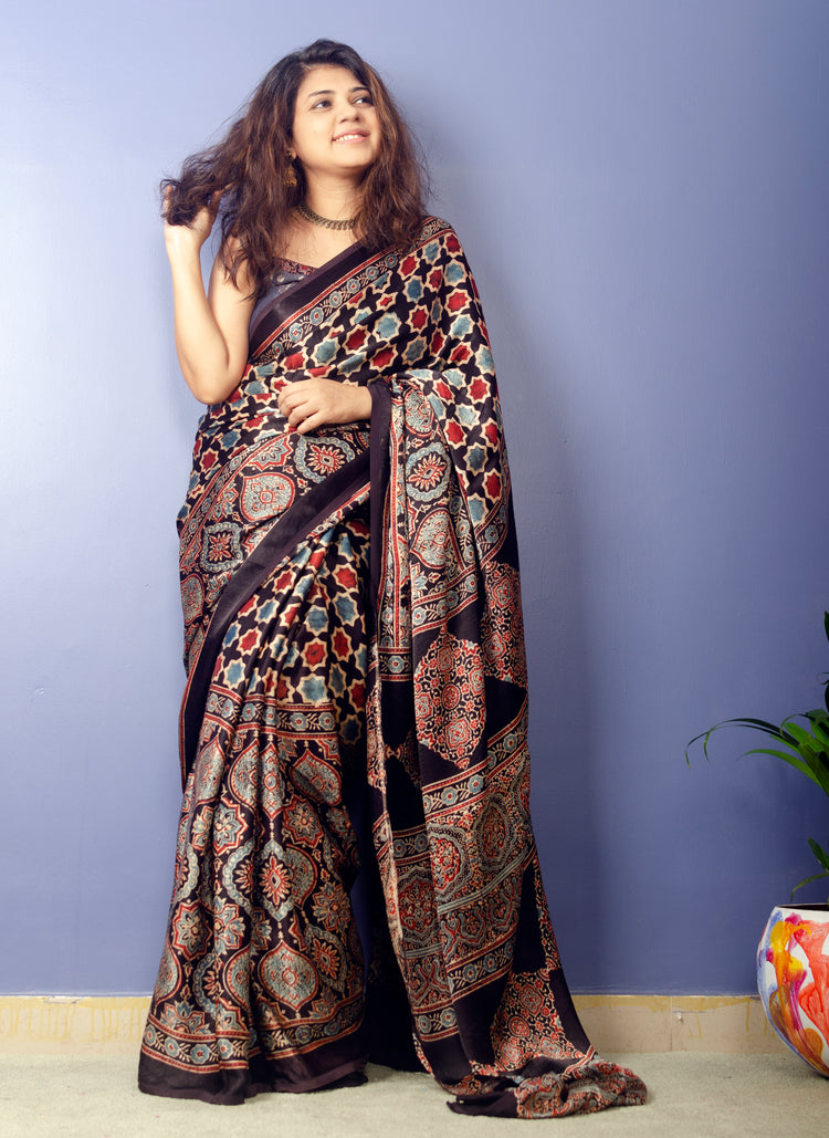 BEAUTIFUL AJRAK HANDBLOCK PRINTED MODAL SILK SARI