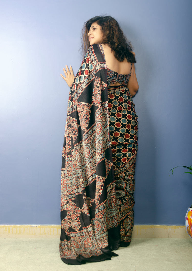 BEAUTIFUL AJRAK HANDBLOCK PRINTED MODAL SILK SARI