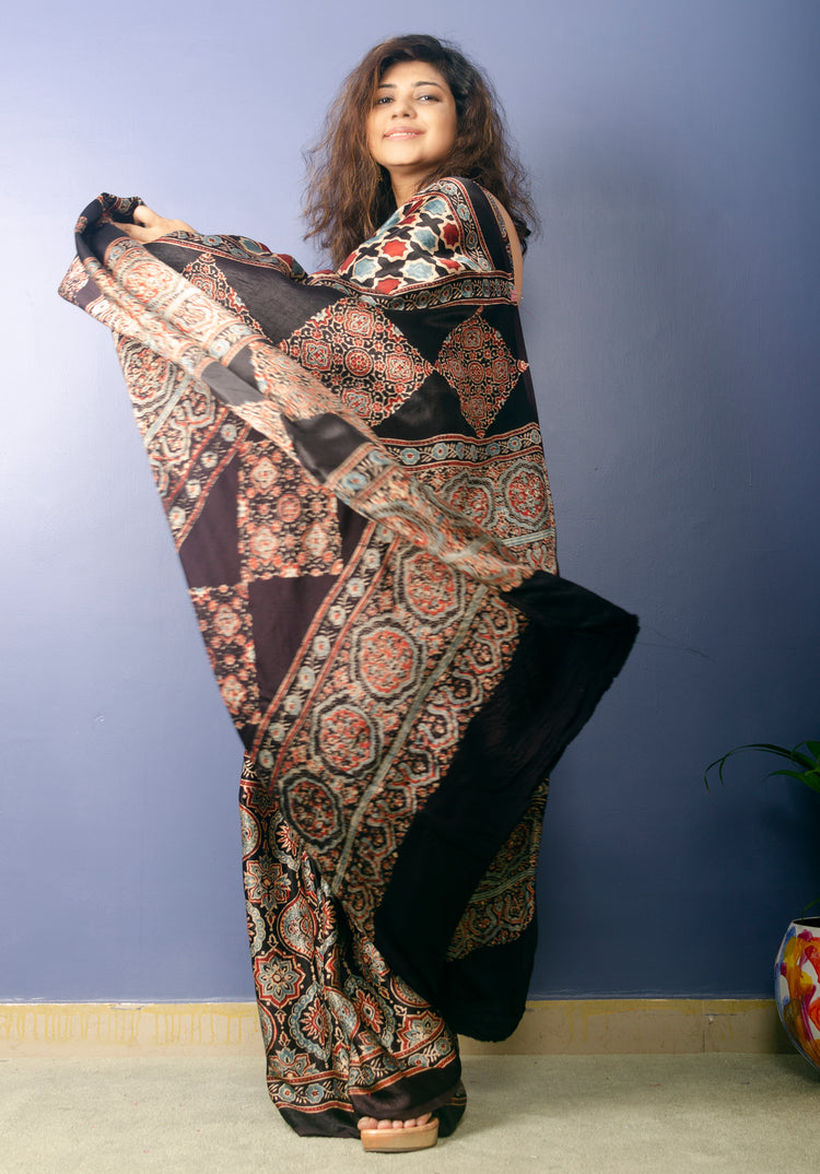 BEAUTIFUL AJRAK HANDBLOCK PRINTED MODAL SILK SARI