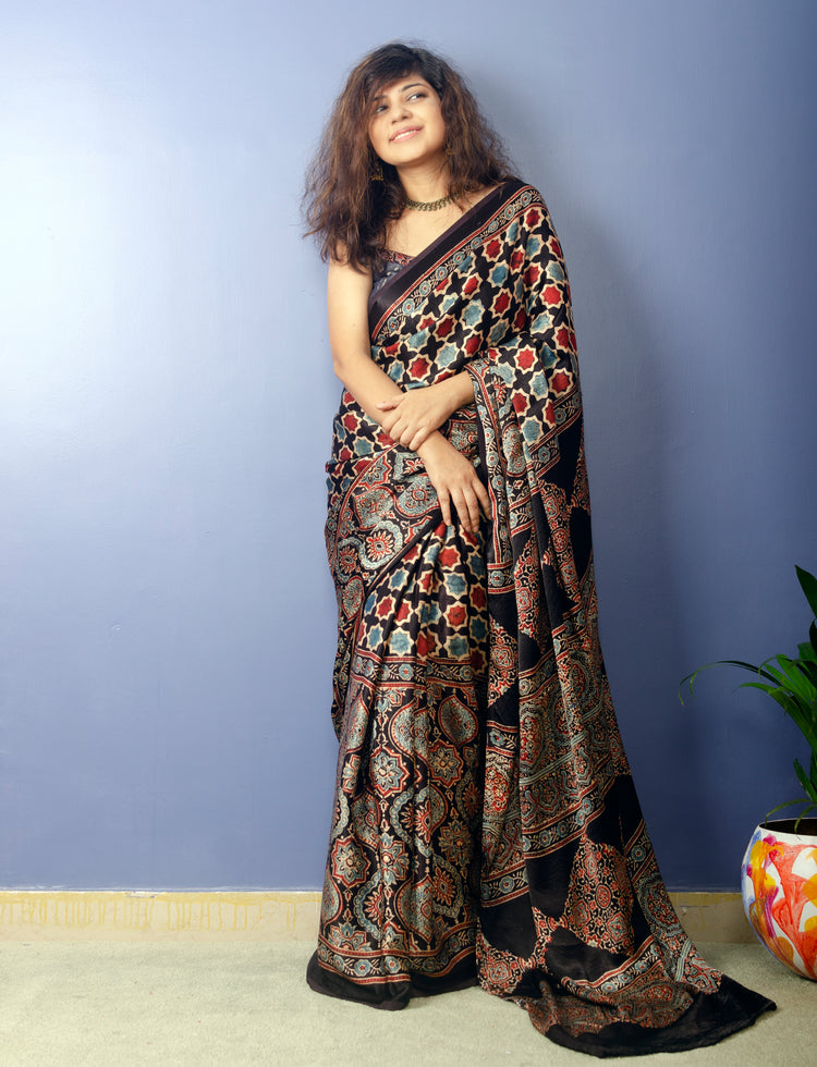 BEAUTIFUL AJRAK HANDBLOCK PRINTED MODAL SILK SARI