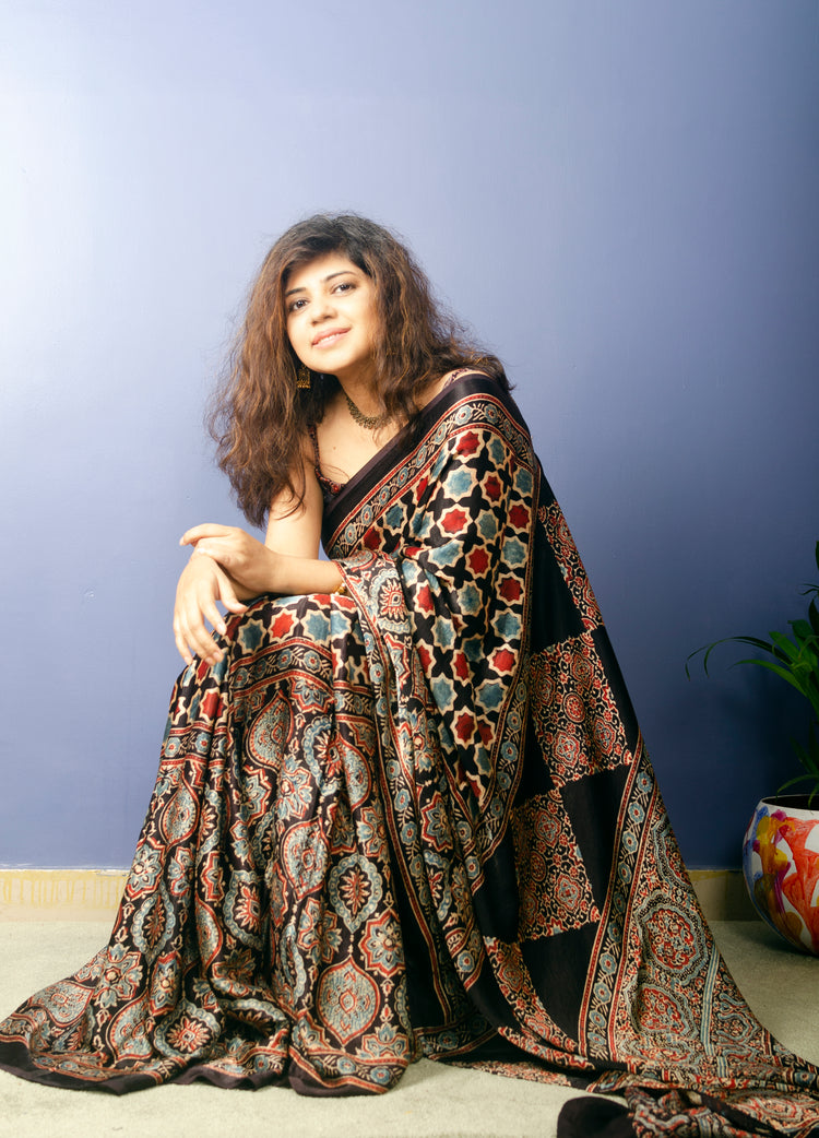 BEAUTIFUL AJRAK HANDBLOCK PRINTED MODAL SILK SARI