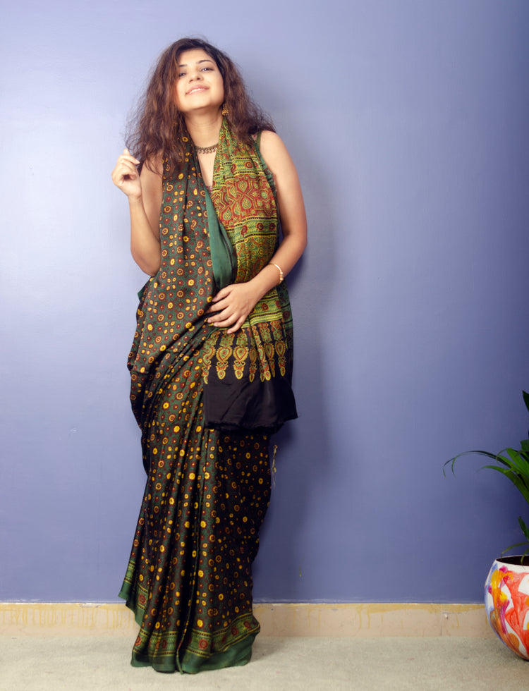 AJRAK BLOCK PRINTED MODAL SILK SARI IN DARK GREEN