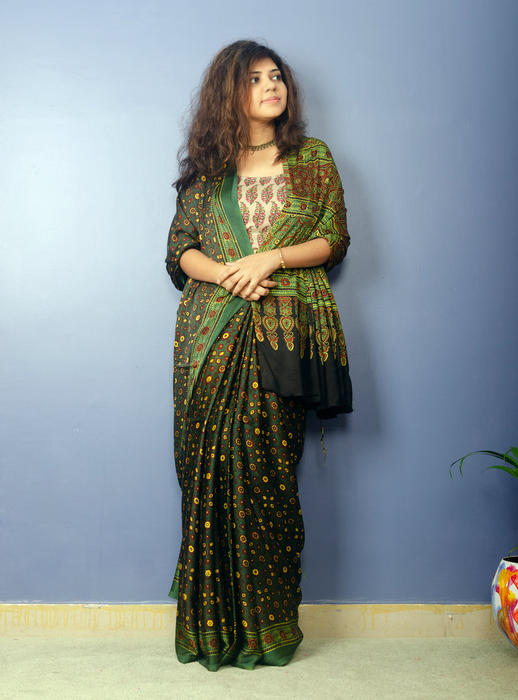 AJRAK BLOCK PRINTED MODAL SILK SARI IN DARK GREEN
