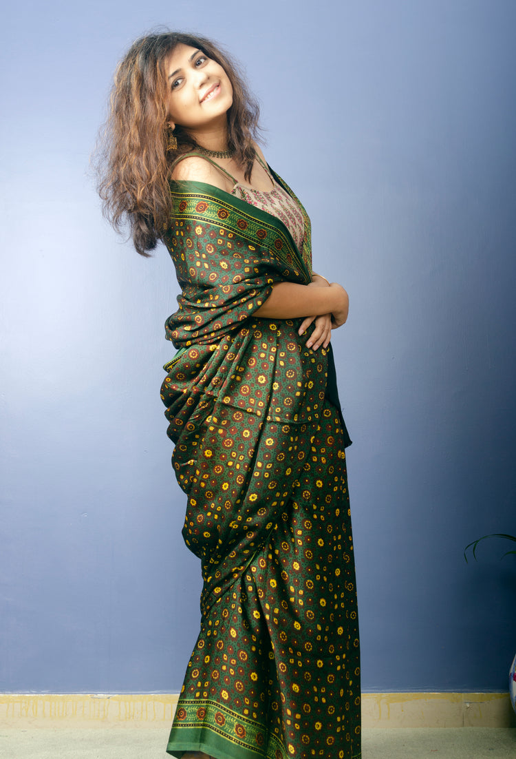 AJRAK BLOCK PRINTED MODAL SILK SARI IN DARK GREEN