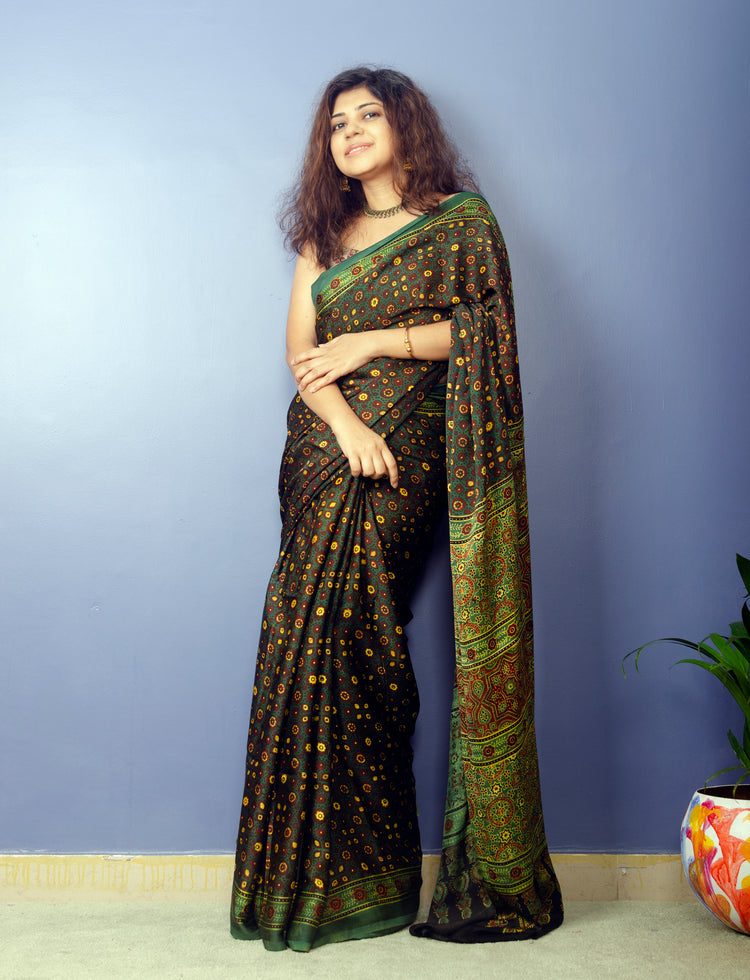 AJRAK BLOCK PRINTED MODAL SILK SARI IN DARK GREEN