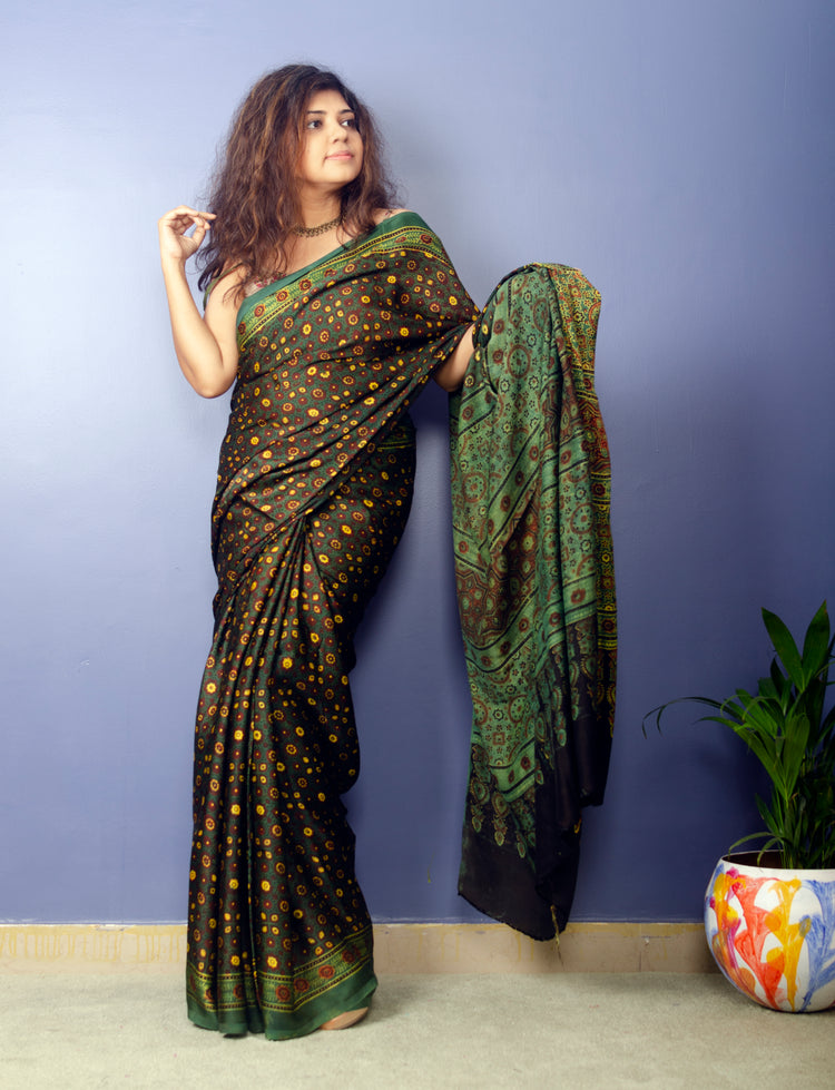 AJRAK BLOCK PRINTED MODAL SILK SARI IN DARK GREEN