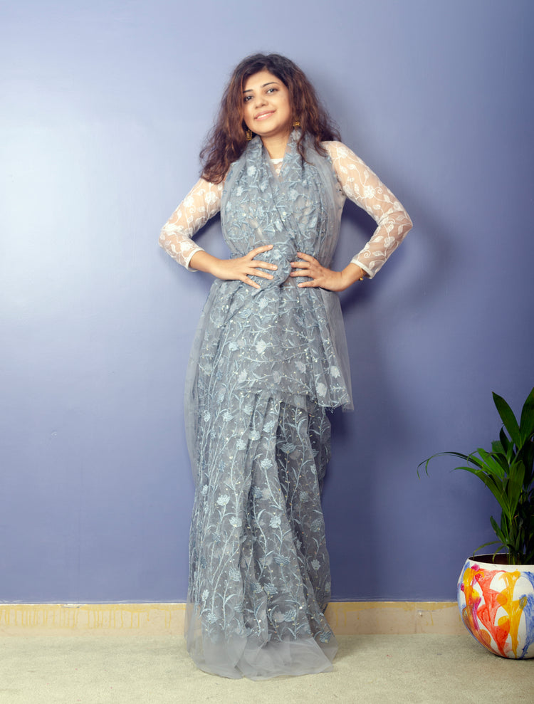 Cloud - Grey Embroidered Net Sari