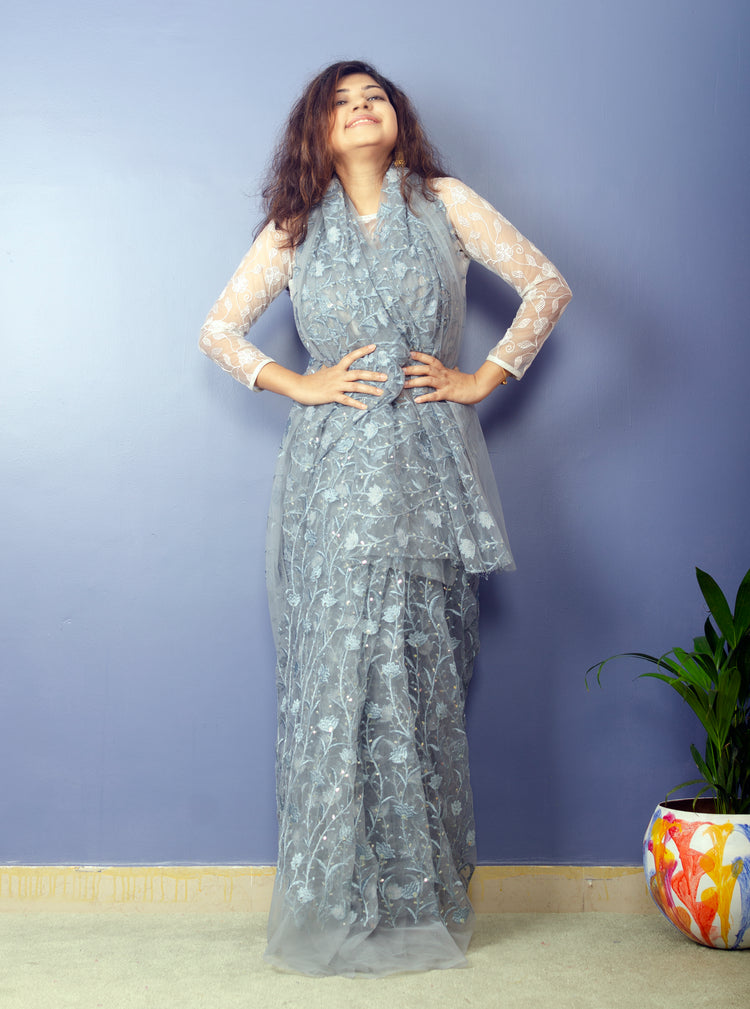 Cloud - Grey Embroidered Net Sari