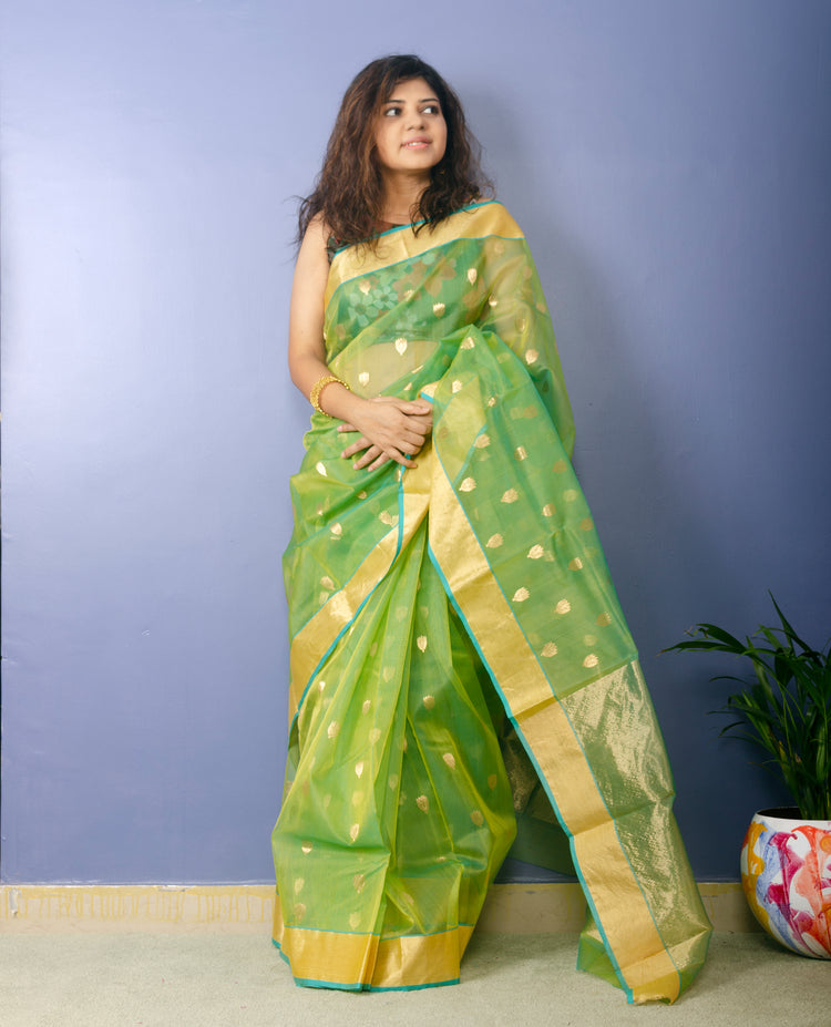 Lime Green Chanderi Handwoven Pure Silk by Silk Sari