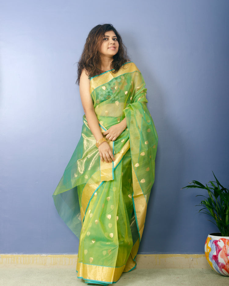Lime Green Chanderi Handwoven Pure Silk by Silk Sari